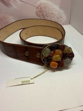 A.V. Max NYC NWT Wide Leather Belt Stone Buckle Croc Embossed Brown Small